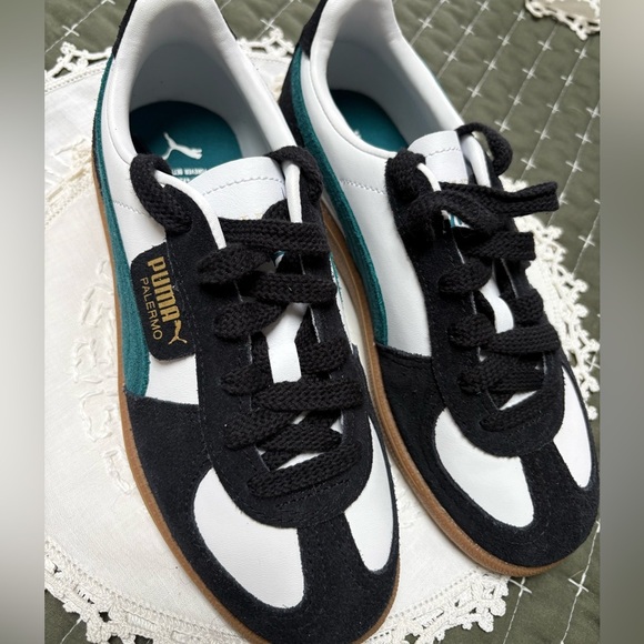 Puma Palermo Black White Green Sneakers Sz 5 NWT - Picture 2 of 9